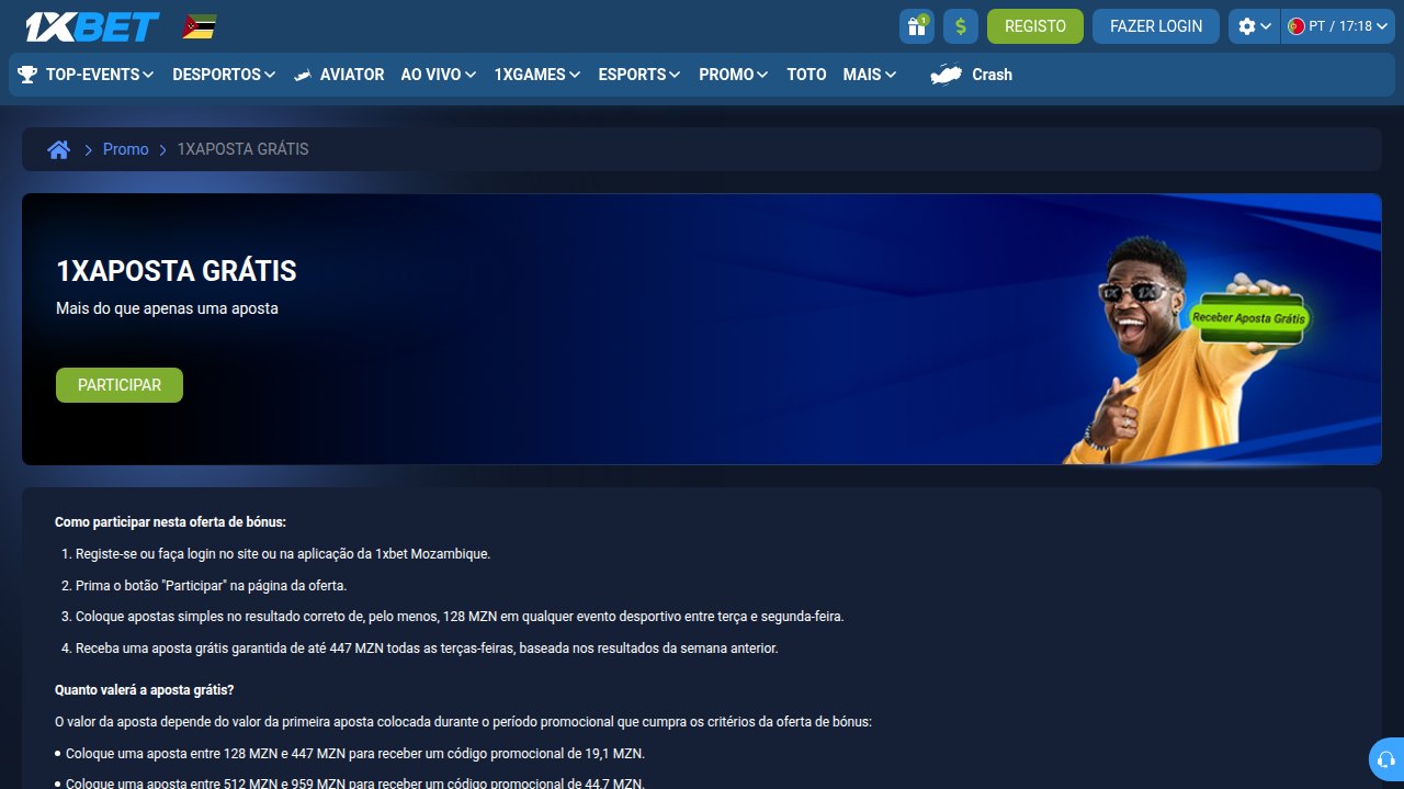 Página da promoção 1xAposta Grátis da 1xBet Moçambique com as regras e o botão Participar