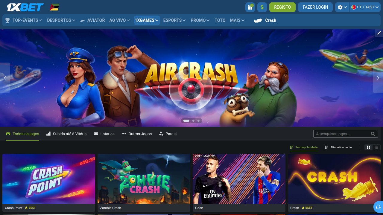 Secção 1xGames da 1xBet Moçambique com jogos crash como Crash Point, Zombie Crash e Crash