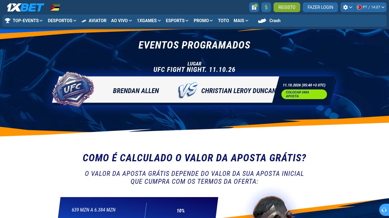 Promoção 1xPunch da 1xBet para o UFC Fight Night Allen vs. Duncan, com o cálculo do reembolso a partir de 10% da aposta
