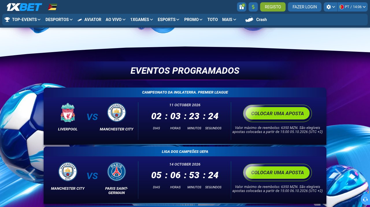 Promoção Aposta sem Risco da 1xBet Moçambique com os jogos Liverpool–Manchester City e Manchester City–PSG e reembolso máximo de 6350 MZN