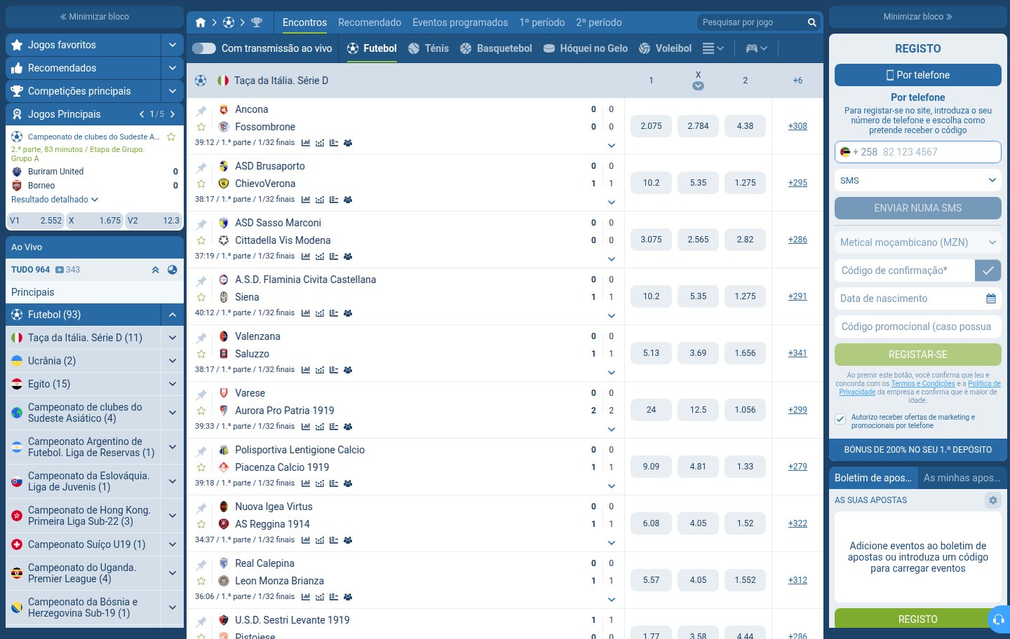 Secção Ao Vivo da 1xBet com jogos de futebol em curso, odds 1X2 e número de mercados