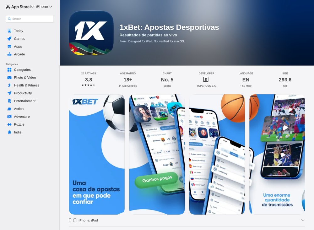 Ficha da app 1xBet: Apostas Desportivas na App Store de Moçambique, da TOPCROSS S.A., com 293,6 MB, 18+ e n.º 5 em Desporto