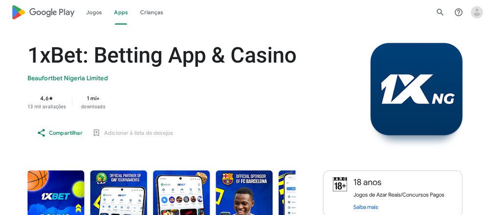 App 1xBet: Betting App and Casino no Google Play, publicada pela Beaufortbet Nigeria Limited, que não é a app de Moçambique
