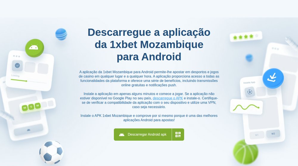 Página de download do APK da 1xBet Moçambique para Android, com o botão Descarregar Android apk