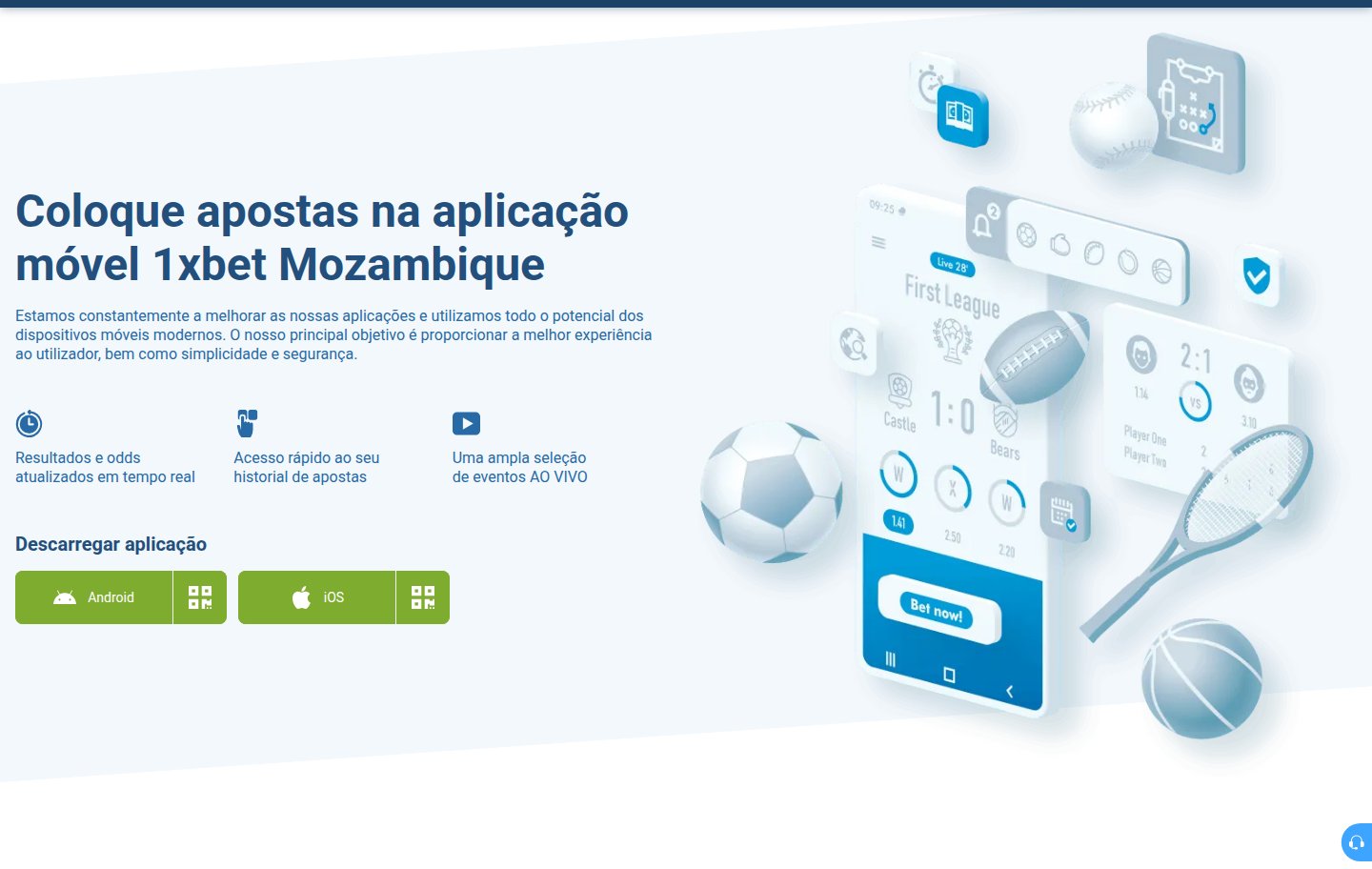 Página da app da 1xBet Moçambique com download para Android e iOS
