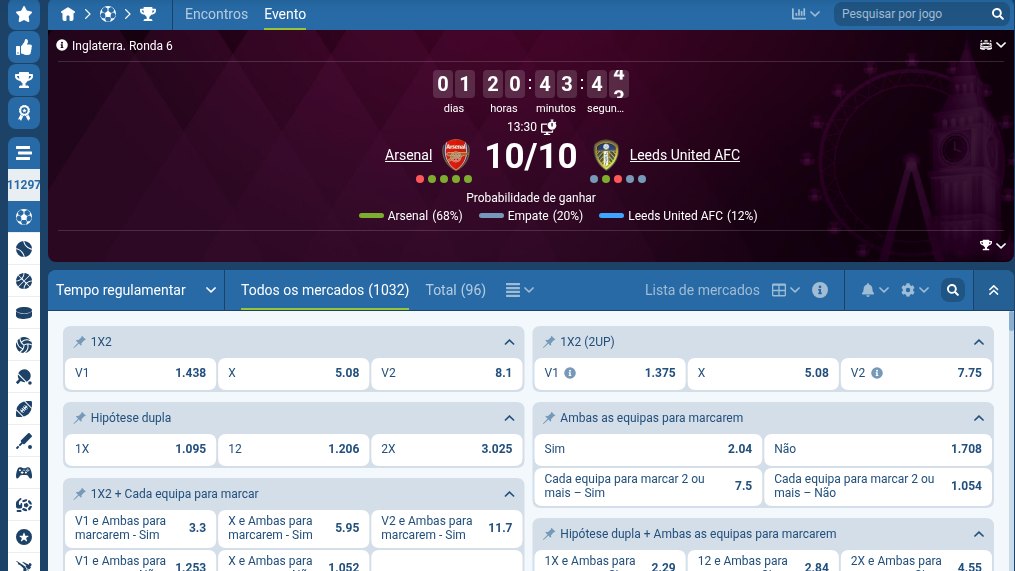 Jogo Arsenal–Leeds na 1xBet com 1X2, hipótese dupla e ambas as equipas para marcarem, e o separador Total com 96 mercados