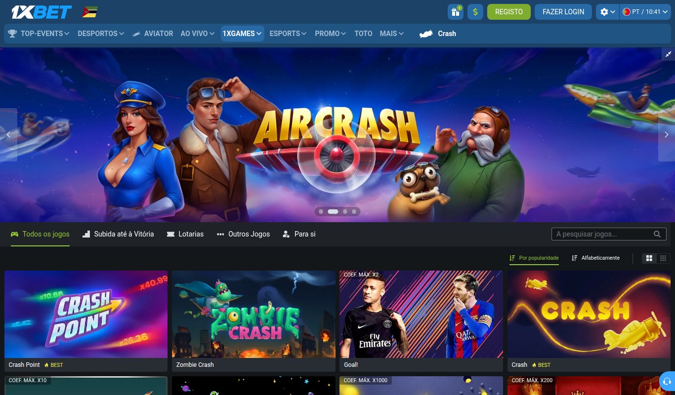 Página dos 1xGames da 1xBet Moçambique com o Air Crash em destaque e os jogos Crash Point, Zombie Crash, Goal e Crash