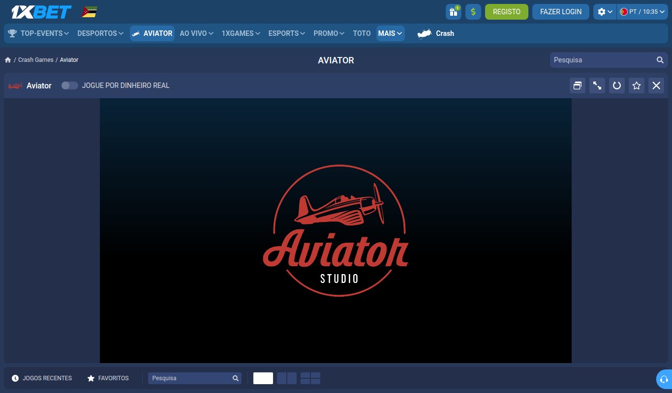 Página do Aviator na 1xBet Moçambique com o interruptor Jogue por dinheiro real desligado e o ecrã de carregamento do Aviator Studio