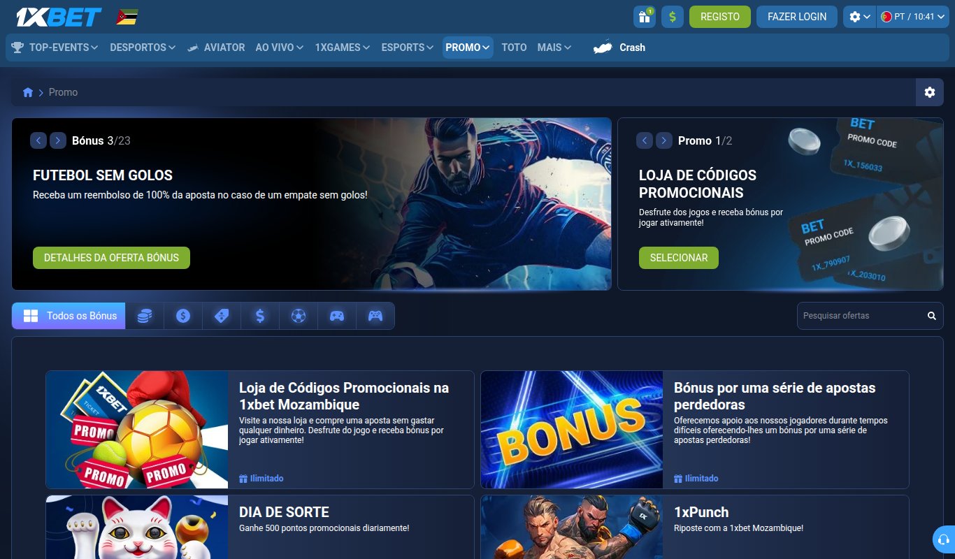 Página de promoções da 1xBet Moçambique com a Aposta Sem Risco, o 1xPunch, o Futebol Sem Golos e a Aplicação e Bónus