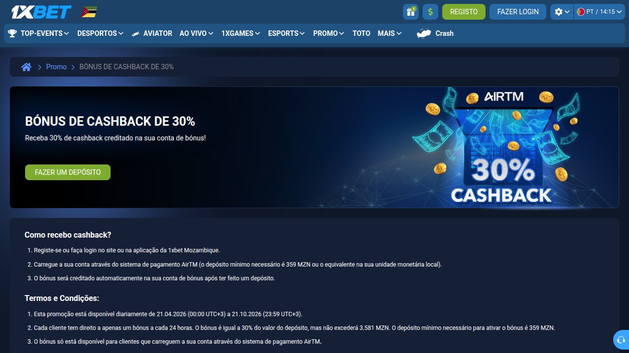 Bónus de 30% da 1xBet Moçambique para depósitos pela AirTM, com depósito mínimo de 358 MZN e bónus máximo de 3.580 MZN