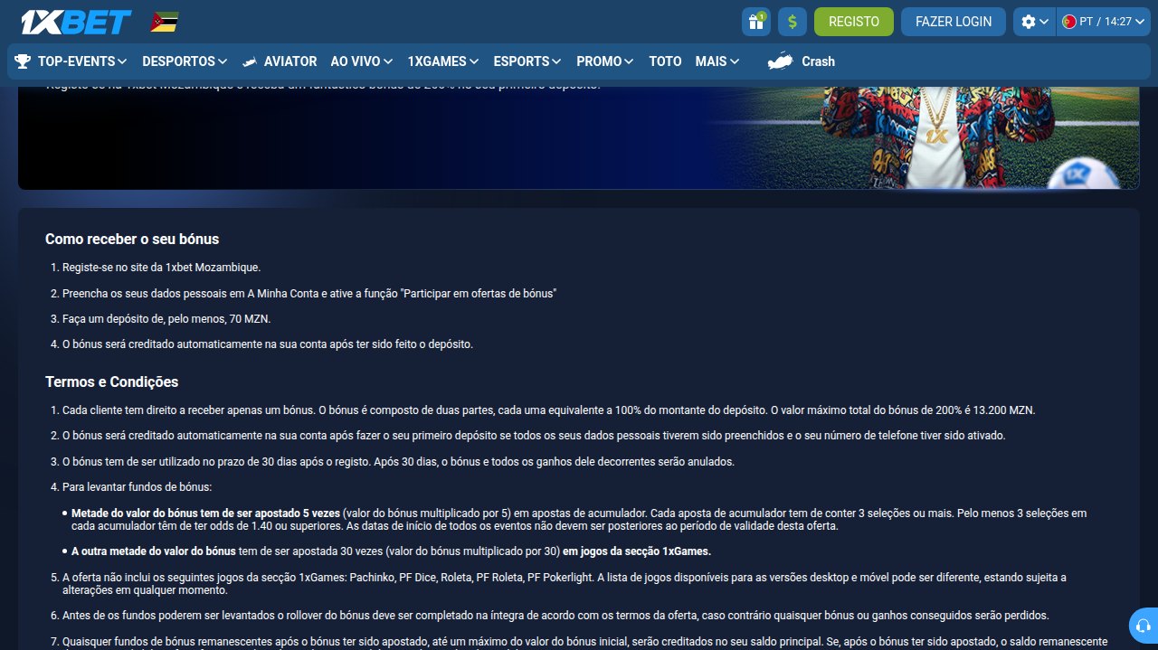 Regras do bónus de boas-vindas da 1xBet Moçambique: metade apostada 5 vezes em acumuladores e a outra metade 30 vezes nos jogos 1xGames