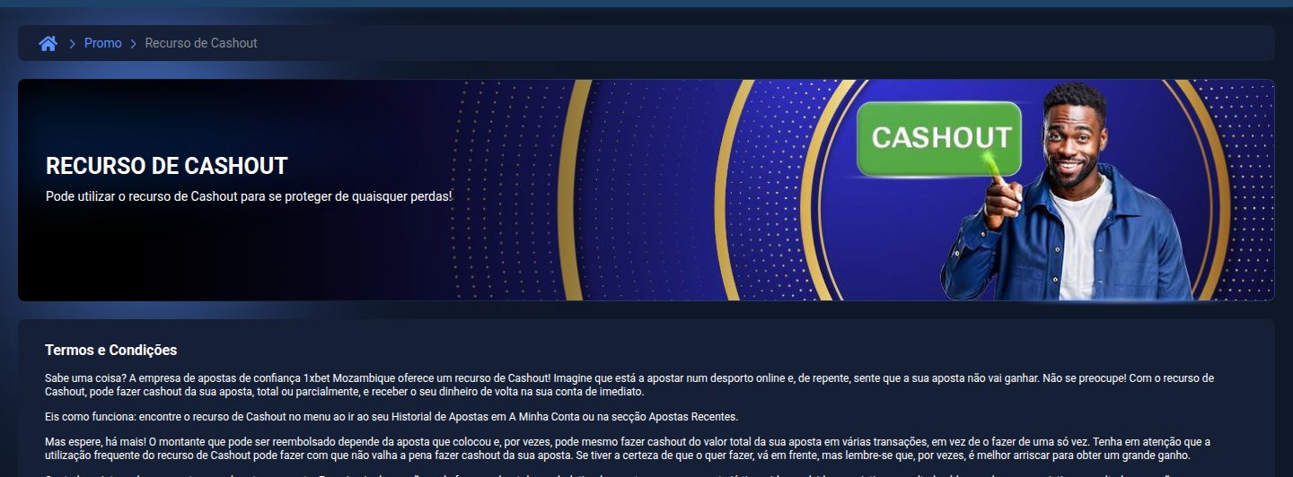 Página do recurso de Cashout da 1xBet Moçambique