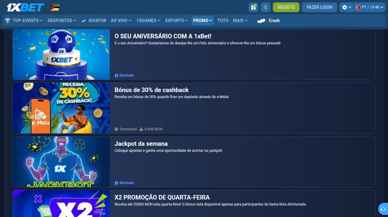 Lista de promoções da 1xBet Moçambique com o Bónus de 30% de cashback por e-Mola marcado como Terminado, a 9 de Outubro de 2026