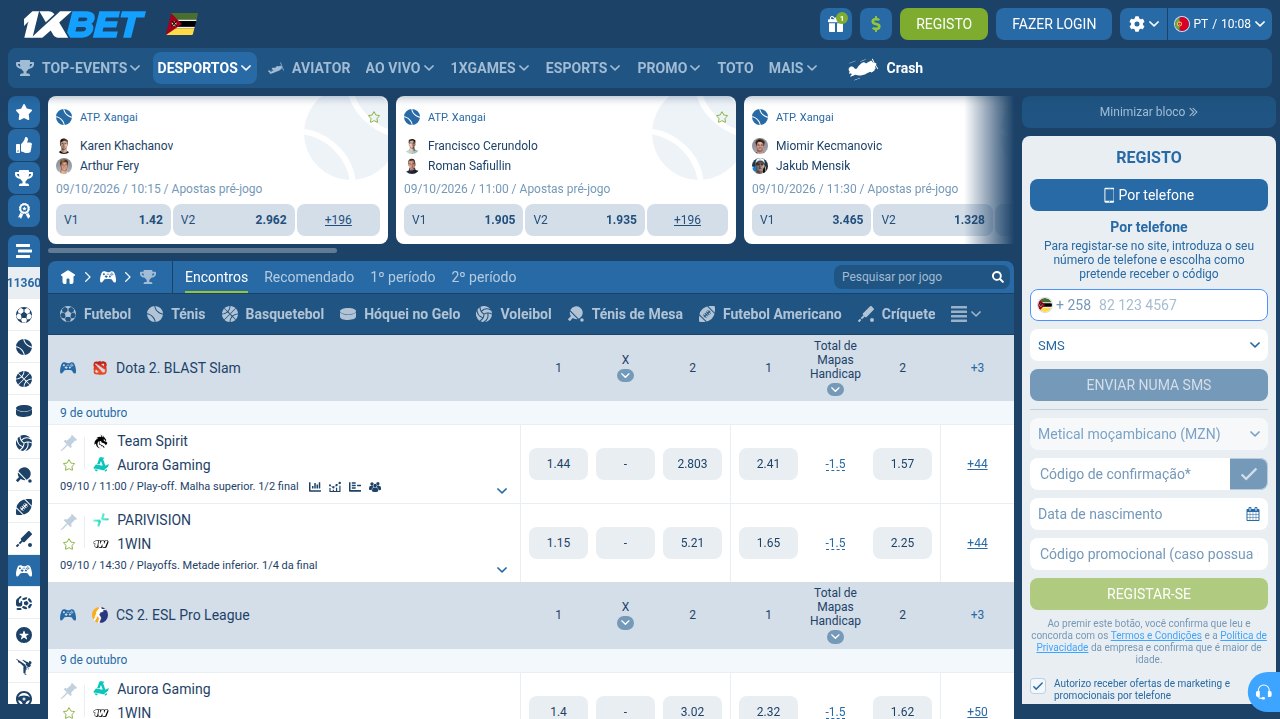 eSports na 1xBet Moçambique: Dota 2 BLAST Slam e CS2 ESL Pro League com odds de vencedor, handicap de mapas e total de mapas