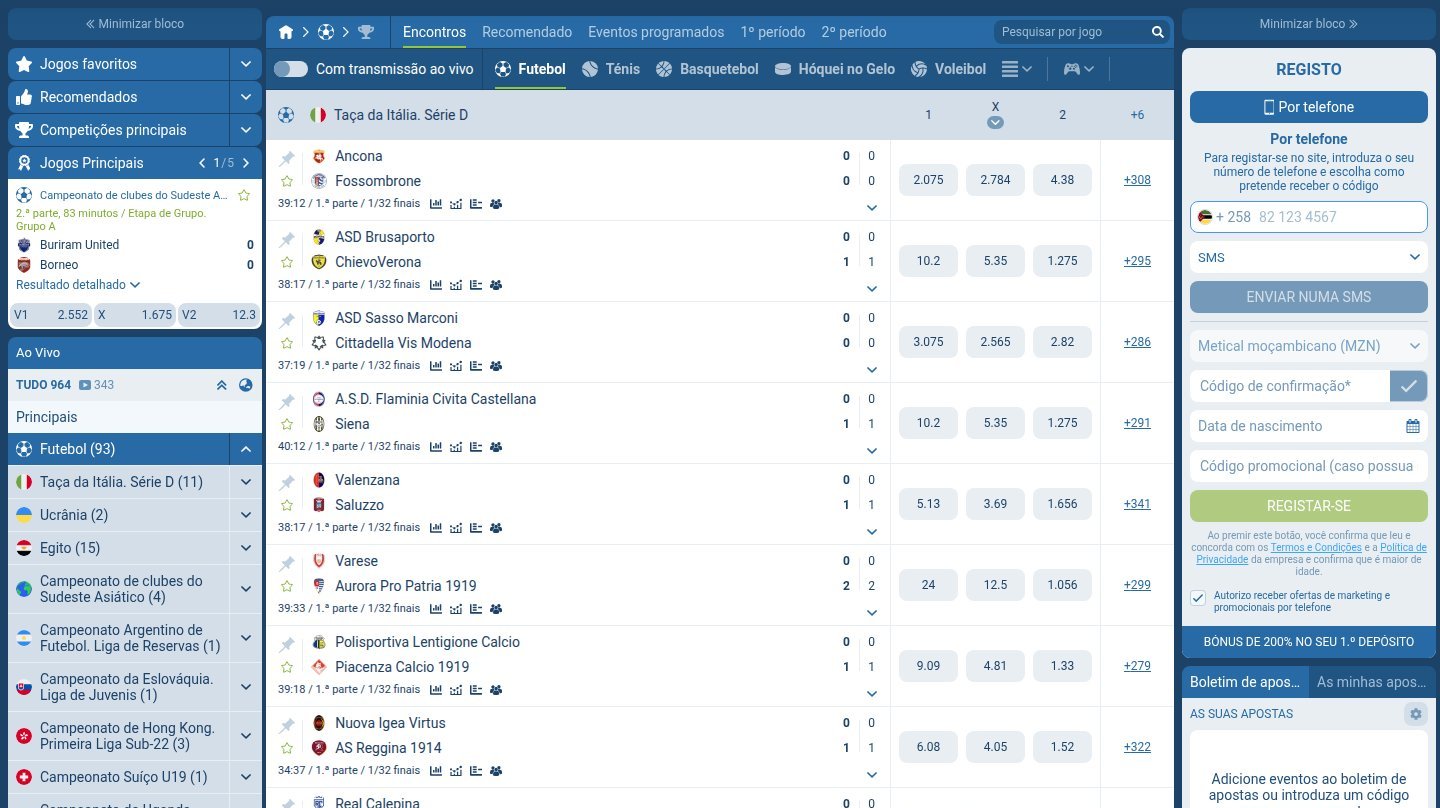 Jogos de futebol ao vivo na 1xBet Moçambique com as odds 1, X e 2 de cada jogo