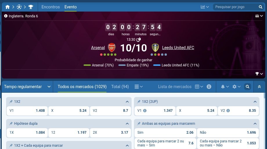 Página do jogo Arsenal–Leeds na 1xBet com mercados de handicap, totais e 1X2