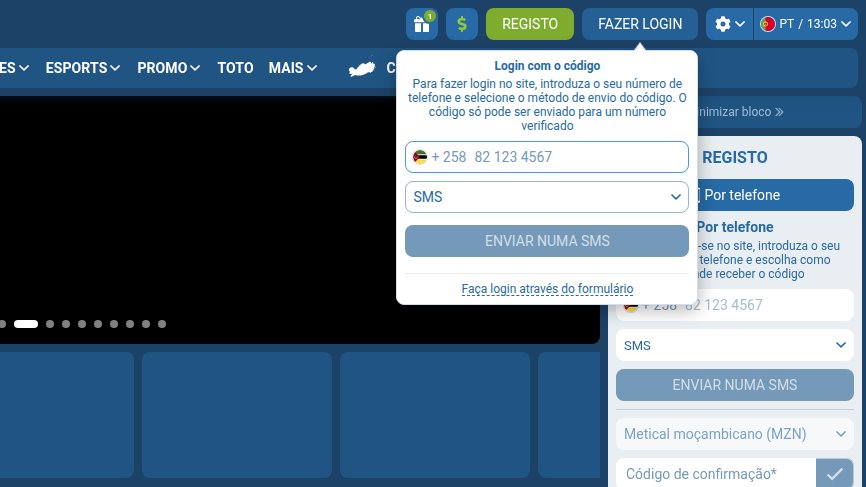 Login com o código da 1xBet: número de telefone +258, envio do código por SMS e o aviso de que só vale para números verificados