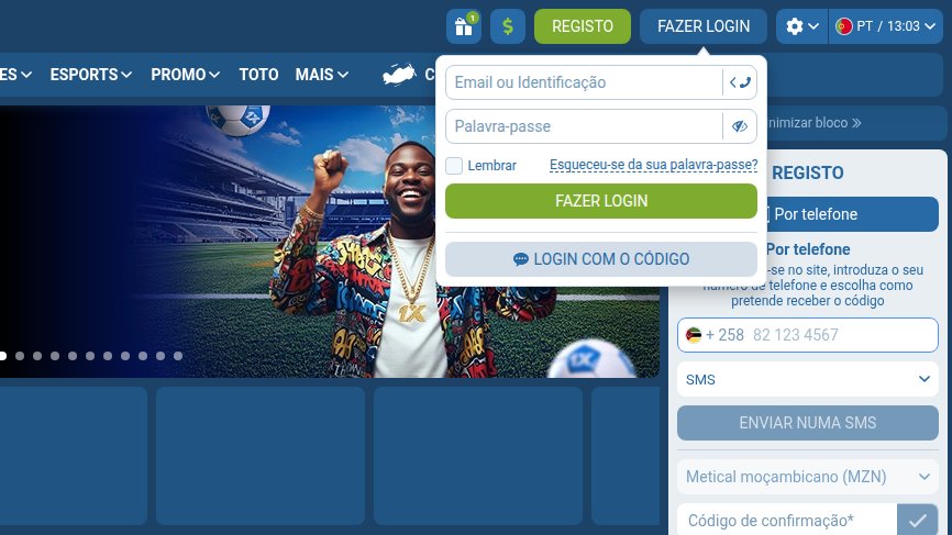 Login da 1xBet Moçambique: campos Email ou Identificação e Palavra-passe, Lembrar, Esqueceu-se da sua palavra-passe, Fazer login e Login com o código