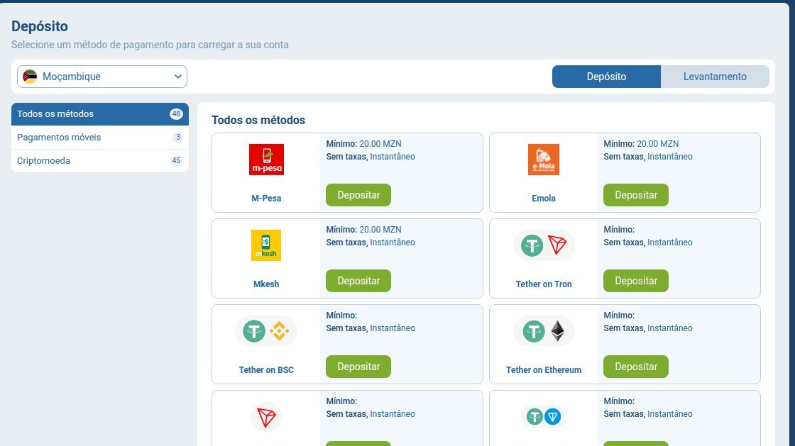 Métodos de depósito da 1xBet Moçambique com M-Pesa, e-Mola e mKesh desde 20 MZN, sem taxas
