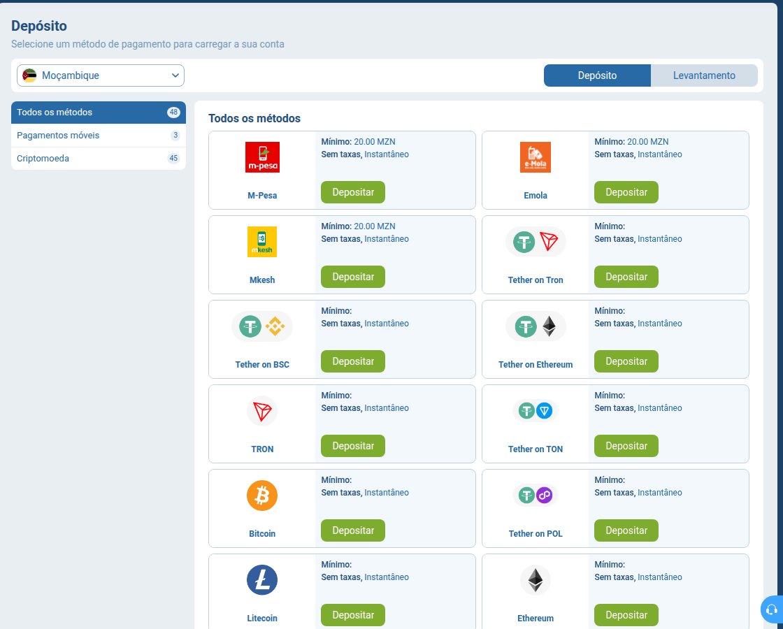 Métodos de depósito da 1xBet Moçambique: M-Pesa, e-Mola e mKesh desde 20 MZN, e criptomoedas