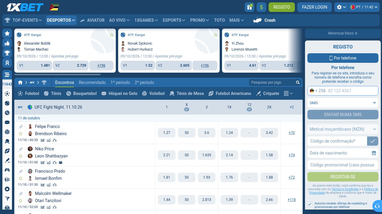 UFC Fight Night na 1xBet Moçambique com os combates Franco–Ribeiro, Price–Shahbazyan, Prado–Bonfim e Wellmaker–Tanzilovi