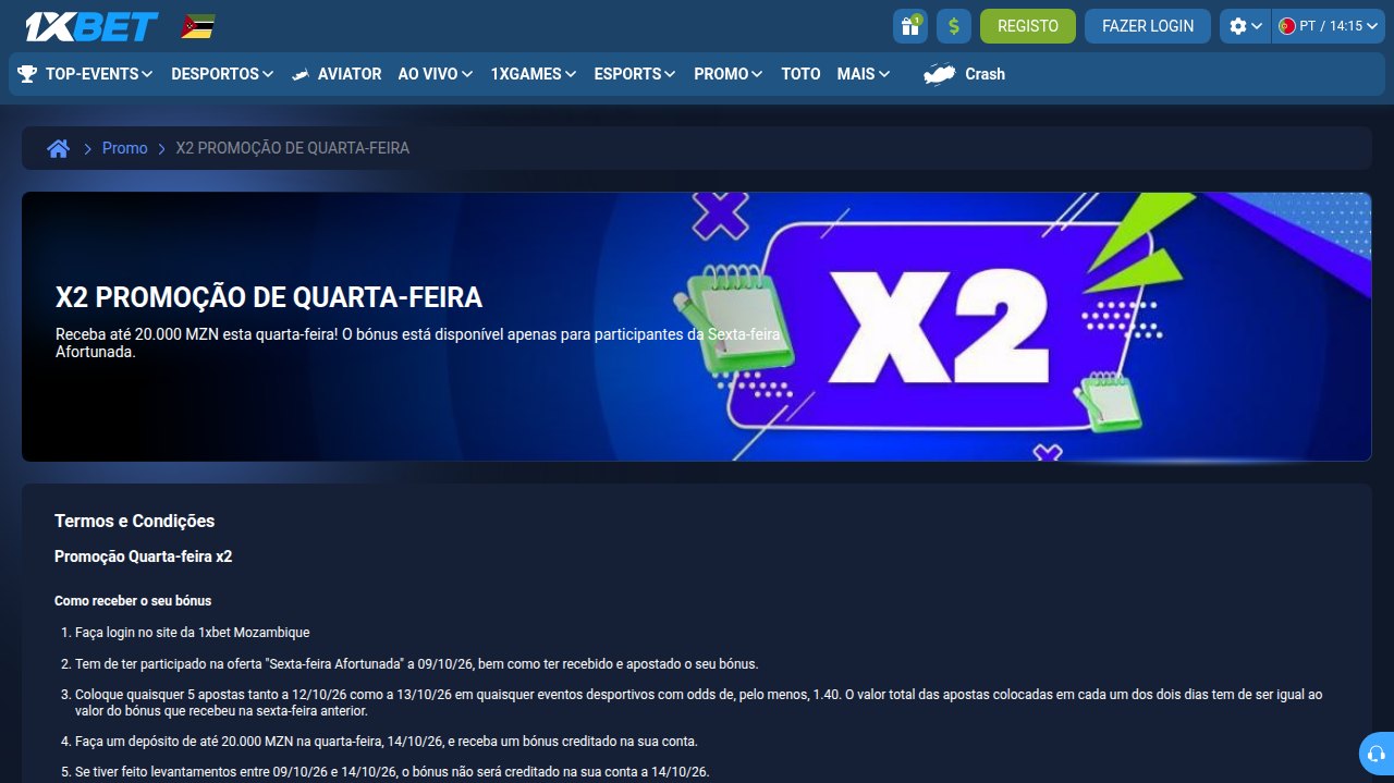 Promoção X2 de Quarta-feira da 1xBet Moçambique: até 20.000 MZN só para quem participou na Sexta-feira Afortunada