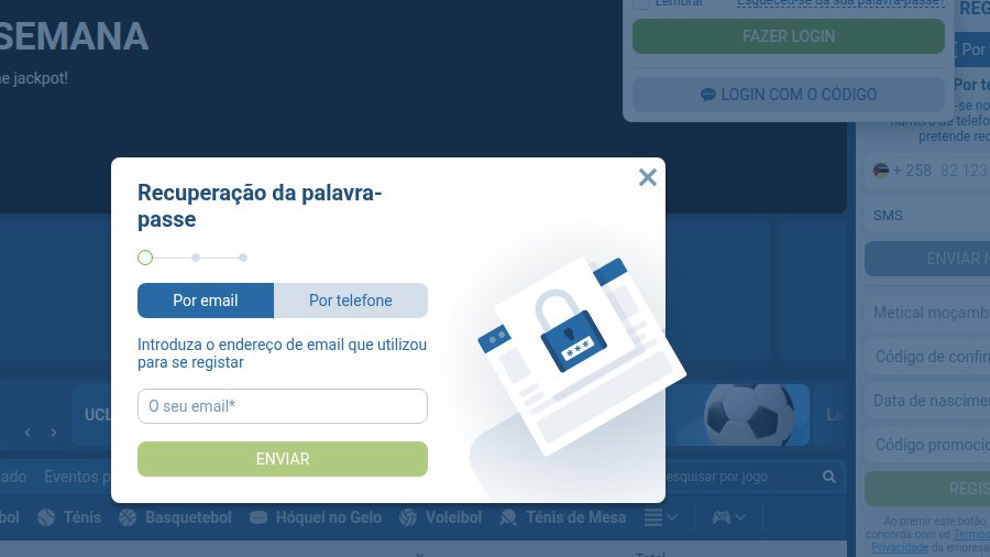 Janela Recuperação da palavra-passe da 1xBet, com as opções Por email e Por telefone