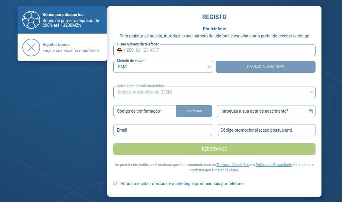 Formulário de registo da 1xBet por telefone +258 com escolha do bónus para desportos