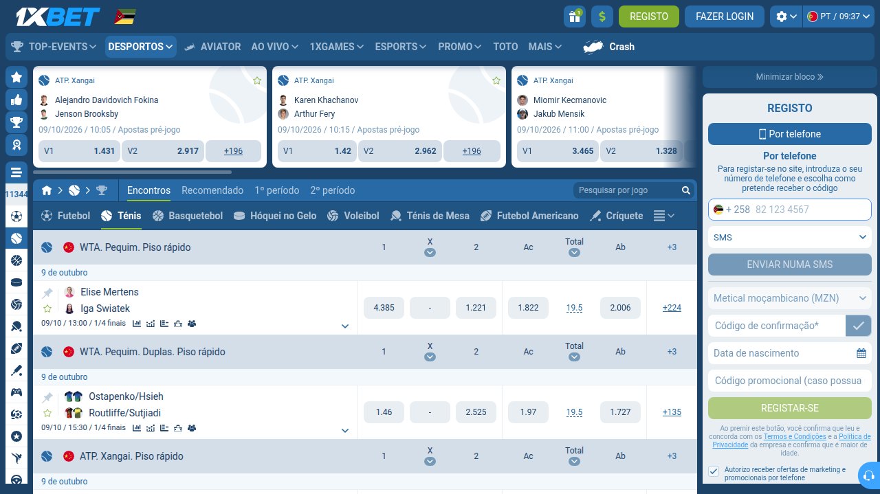 Ténis na 1xBet Moçambique: jogos do ATP de Xangai e do WTA de Pequim com odds do vencedor e total de jogos