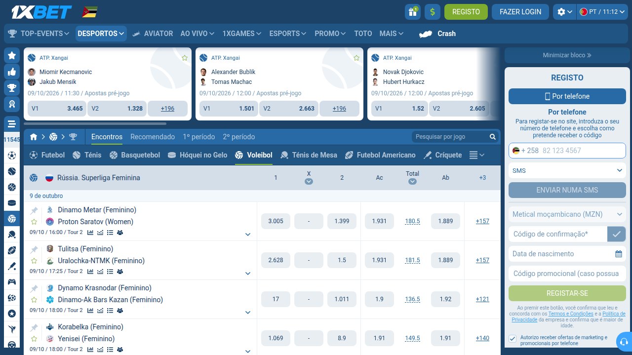 Voleibol na 1xBet Moçambique: Superliga feminina da Rússia com odds de vencedor e total de pontos