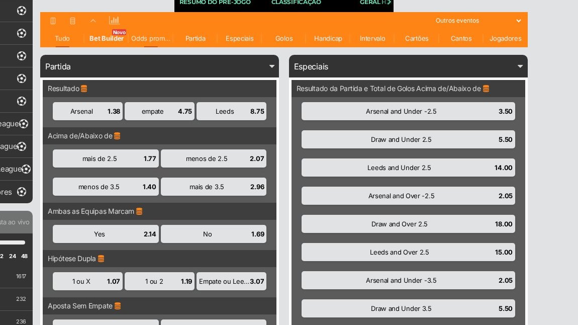 Jogo Arsenal–Leeds na 888Bets com os mercados Acima de/Abaixo de 2.5 e 3.5 golos e Ambas as Equipas Marcam