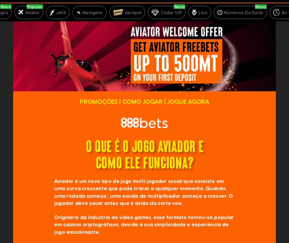 Página do Aviator da 888bets com a oferta de boas-vindas do Aviator e a explicação do jogo