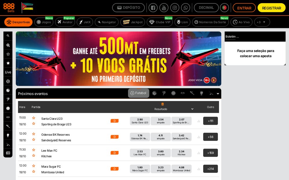 Secção de desporto da 888bets com o banner de 500 MT em freebets e 10 voos grátis e os próximos jogos com odds