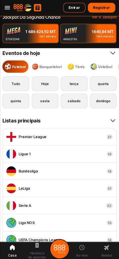Site móvel da 888bets aberto num telemóvel Android, com os jackpots, os eventos de hoje e as ligas principais