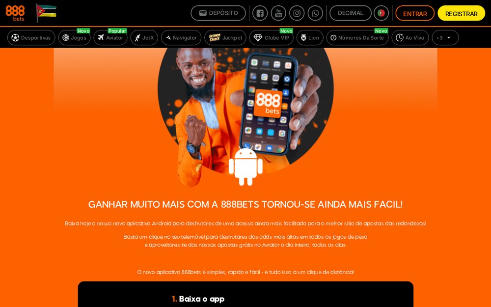 Página da app Android da 888bets vista no computador, com o telemóvel, o logótipo Android e os passos para baixar