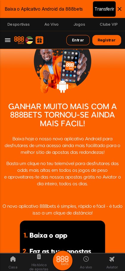 Página da app da 888bets no telemóvel, com o banner Transferir no topo e o botão Baixe Agora para o APK Android