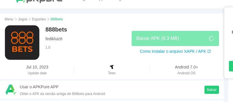 Ficha de uma app 888bets num repositório de APK, de um programador chamado fedikluiz6, com 8,3 MB e Android 7.0, que não é a app oficial