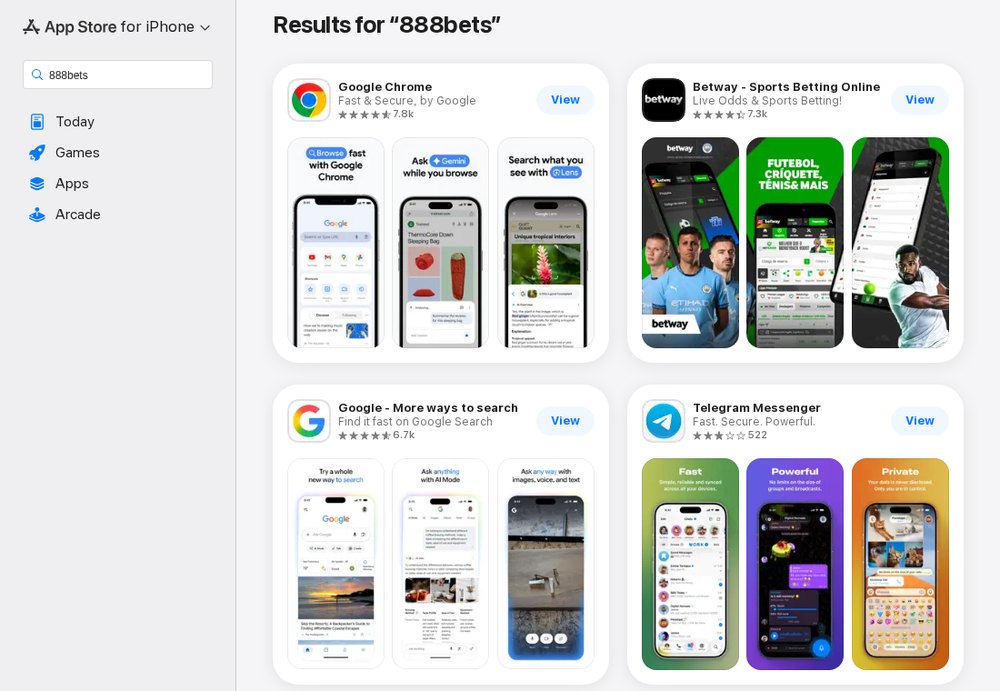 Resultados da pesquisa por 888bets na App Store de Moçambique, sem nenhuma app da 888bets