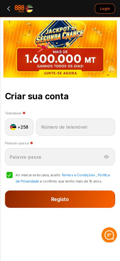 Formulário de registo da 888bets no telemóvel, com o número de telemóvel +258 e a palavra-passe