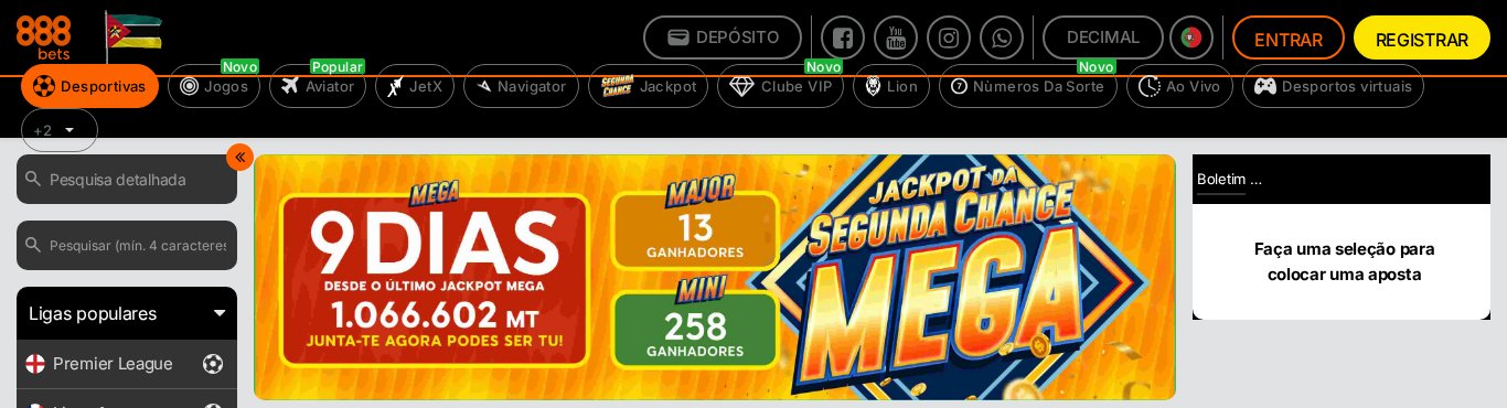 Página inicial da 888bets com o banner do Jackpot da Segunda Chance: 9 dias desde o último Mega, de 1.066.602 MT, e os vencedores dos jackpots Major e Mini
