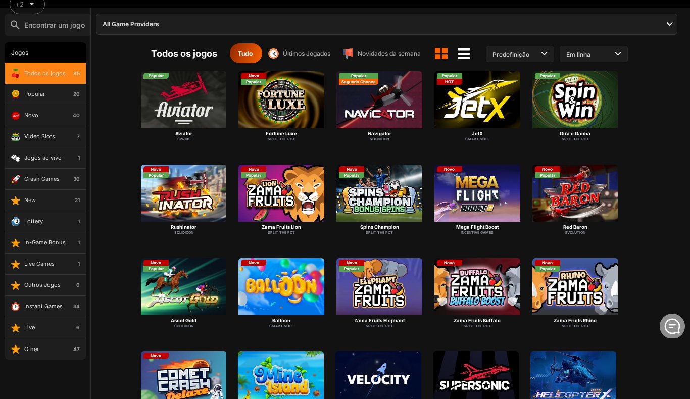 Lobby de Jogos da 888Bets com o Aviator em primeiro lugar, ao lado do Fortune Luxe, do Navigator, do JetX e do Spin Win