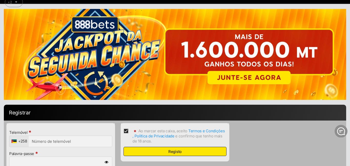 Formulário de registo da 888Bets com o número de telemóvel com +258, a palavra-passe e a confirmação dos termos