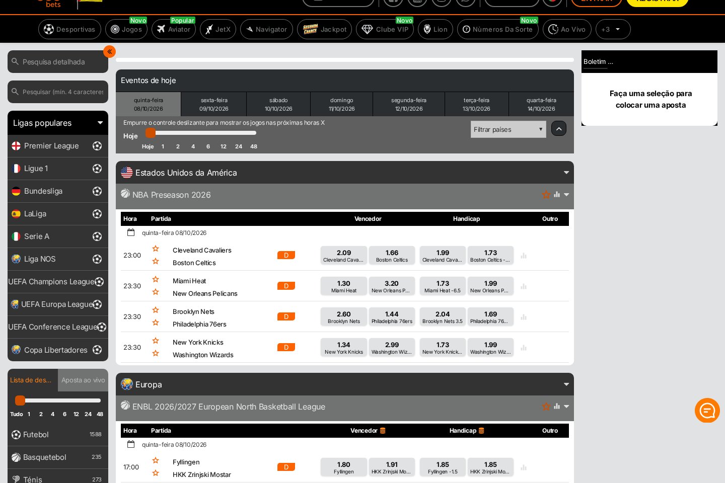 Jogos de basquetebol da NBA na 888bets com odds de vencedor e handicap