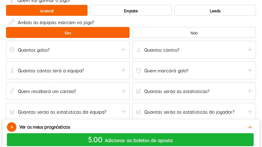 Bet Builder da 888Bets no Arsenal–Leeds com Arsenal, ambas as equipas marcam Sim e mais de 3.5 golos, a uma odd de 5.00