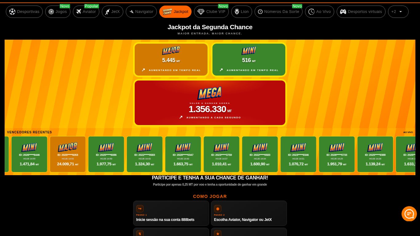 Jackpot da Segunda Chance da 888bets com os jackpots Maior, Mini e Mega e a lista de vencedores recentes