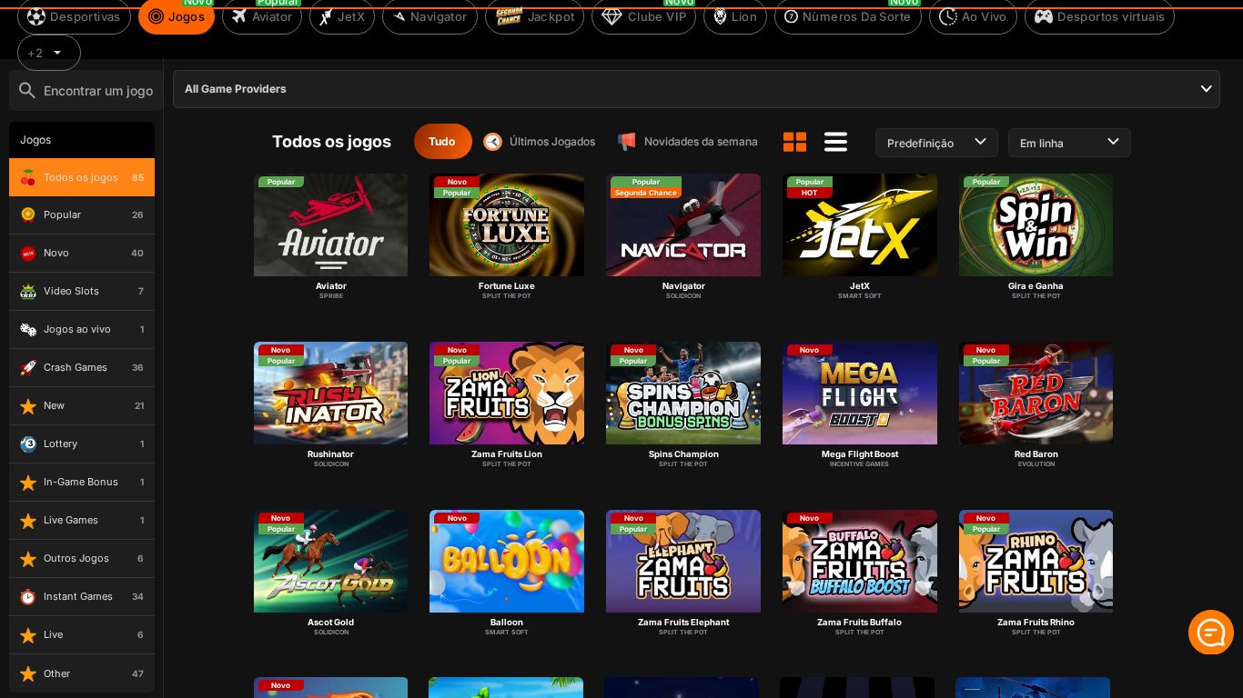 Lobby «Jogos» da 888bets Moçambique com o menu de categorias à esquerda (85 jogos) e o Aviator, Fortune Luxe, Navigator, JetX e Gira e Ganha em destaque