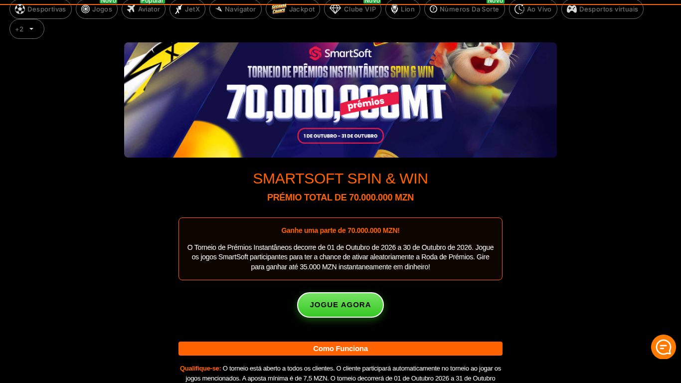 Promoção SmartSoft Spin & Win da 888bets em Outubro de 2026, com prémios instantâneos até 35.000 MZN