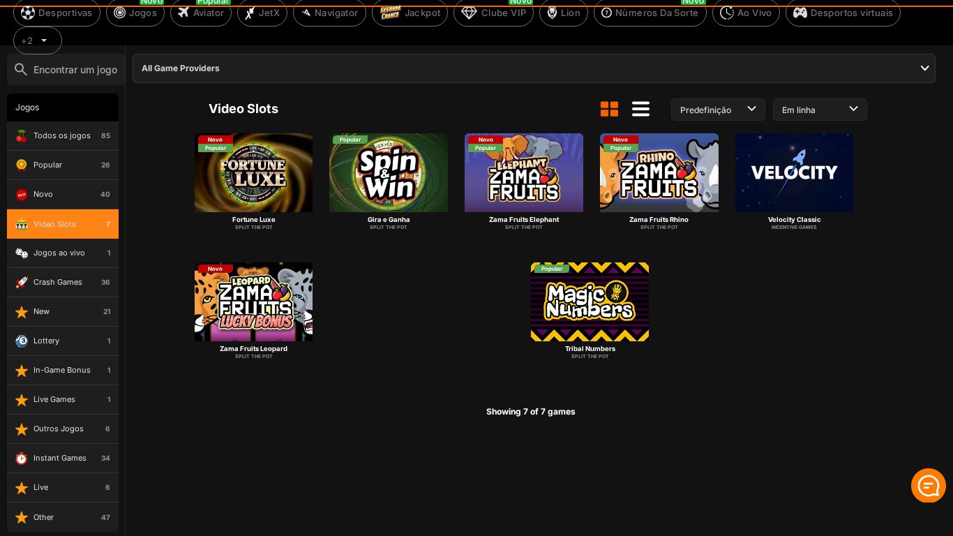 Categoria Video Slots da 888bets: Fortune Luxe, Gira e Ganha, Zama Fruits, Velocity e Tribal Numbers — 7 jogos