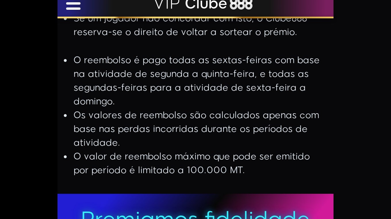 Termos do Clube888 da 888Bets: reembolso pago às sextas e às segundas-feiras, calculado sobre as perdas e limitado a 100.000 MT por período