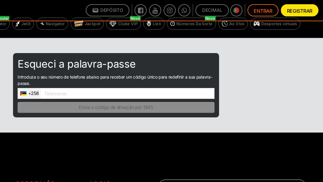 Página Esqueci a palavra-passe da 888bets, que envia um código por SMS para o número de telemóvel